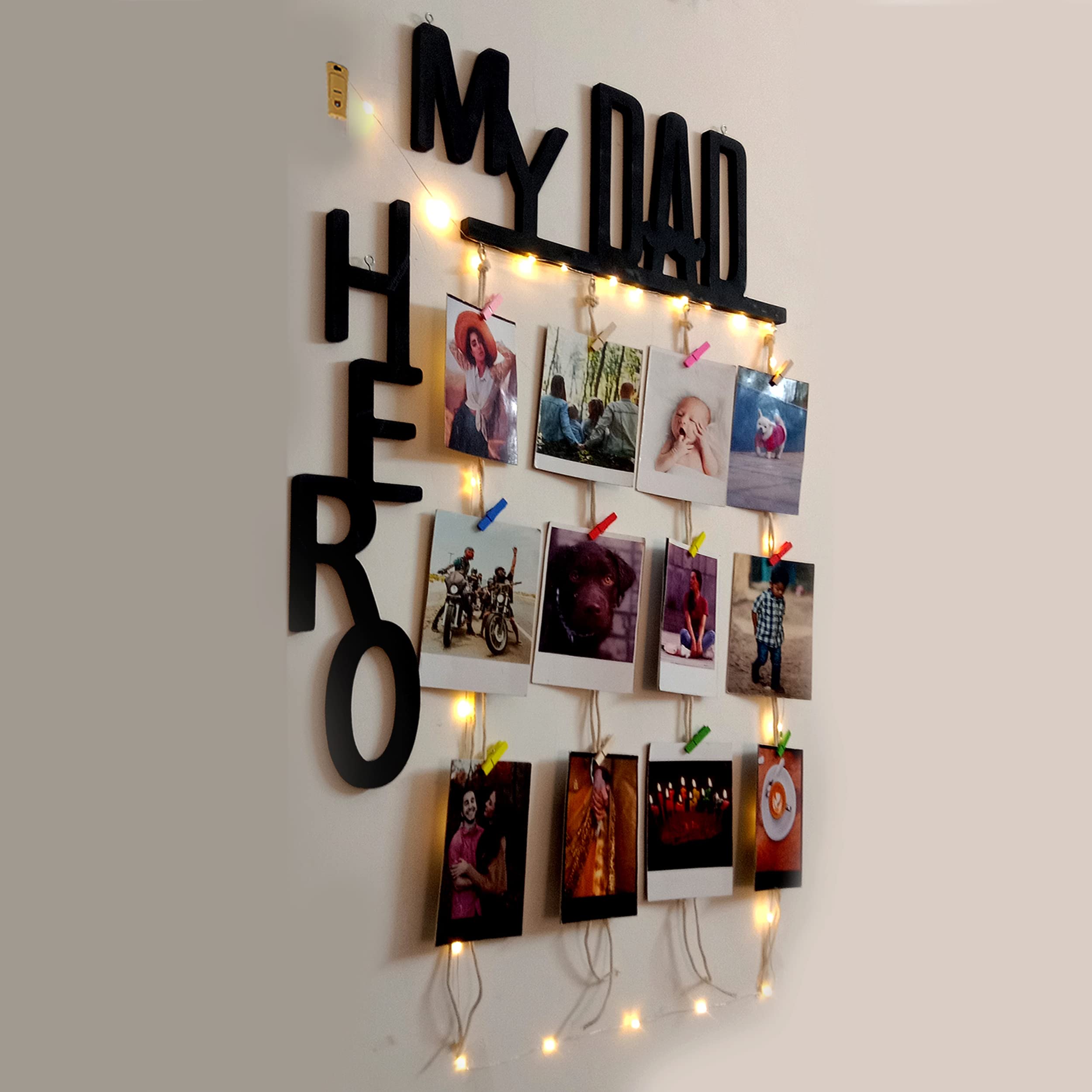 Vah Wooden Photo Frame With Led Light - Display Picture Collage Organizer With Clips (My Dad My Hero With Light)